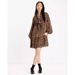 Kate Spade NY Leopard Print Necktie Drop Waist Drop Long Sleeves Swing Dress